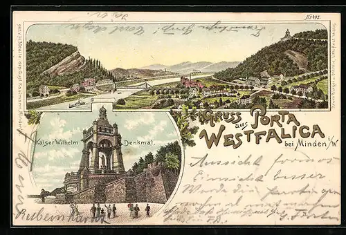 Lithographie Porta Westfalica, Gesamtansicht, Denkmal Kaiser Wilhelm