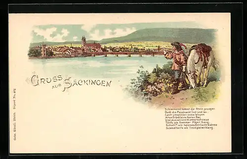 Lithographie Säckingen, Trompeter mit Pferd blickt über den Rhein zum Ort, Behüt Dich Gott!