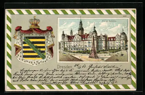 Lithographie Dresden, Königl. Schloss mit Wappen