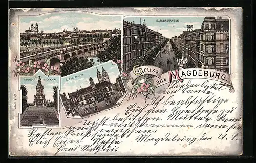 Lithographie Magdeburg, Kaiserstrasse aus der Vogelschau, Alter Markt, Brücke mit Ortsansicht