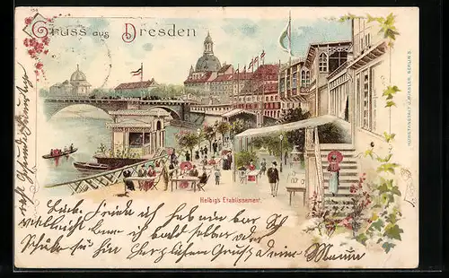 Lithographie Dresden, Spaziergänger an Helbig`s Etablissement