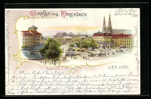 Lithographie Dresden, Postplatz aus der Vogelschau