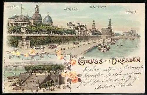 Lithographie Dresden, Brühlsche Terrasse, Belvedere mit Kgl. Akademie und Hoftheater