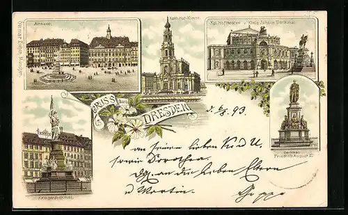Lithographie Dresden, Kgl. Hoftheater und König Johann-Denkmal, Kath. Hof-Kirche, Denkmal Friedrich August II.