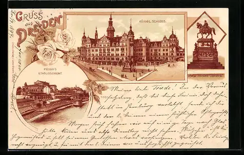 Lithographie Dresden, Königl. Schloss, König Johann-Denkmal, Helbig`s Gasthaus