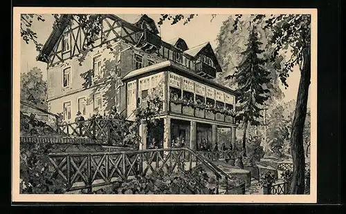 Künstler-AK Lössnitzgrund-Radebeul, Gasthaus Flora, Terrasse