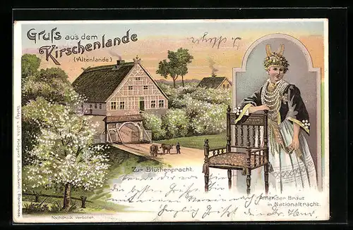 Lithographie Lühe bei Steinkirchen, Zur Blütenpracht, Altländer Braut in Nationalaltracht