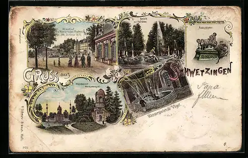 Lithographie Schwetzingen, Abschied d. Kronprinzen Friedrich am Schloss 1870, Bassin m. Fontänen, Moschee m. Merkurtempel