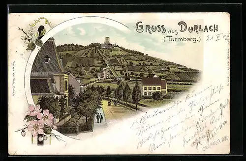 Lithographie Durlach /Turmberg, Ortsansicht mit Turm