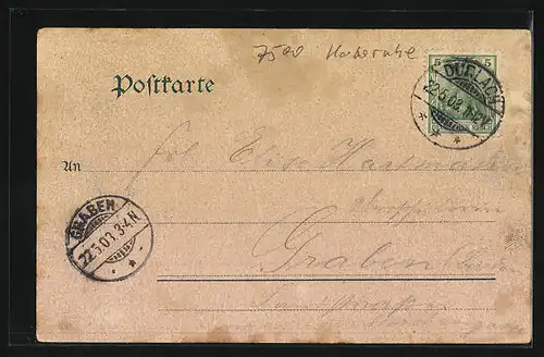 Lithographie Durlach /Turmberg, Ortsansicht mit Turm