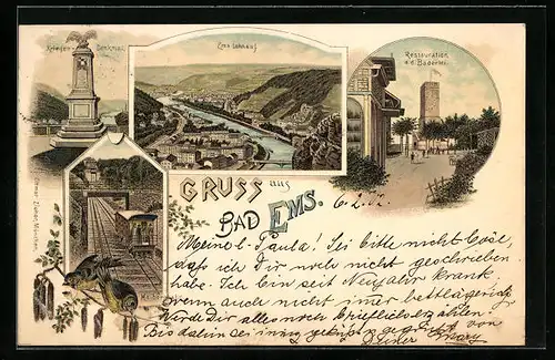 Lithographie Bad Ems, Restaurant an der Bäderlei, Kriegerdenkmal, Mailbergbahn