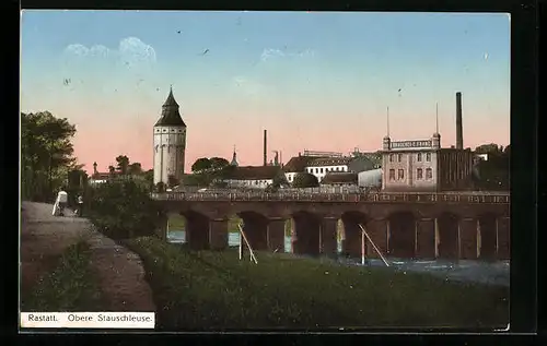 AK Rastatt, Obere Stauschleuse mit Brauerei C. Franz