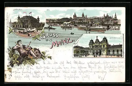 Lithographie Mainz / Rhein, Stadthalle, Central-Bahnhof, Ansicht mit Dampfern