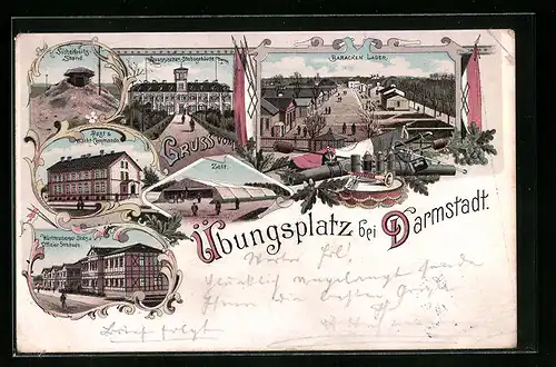 Lithographie Darmstadt, Übungsplatz - Barackenlager, Preussisches Stabsgebäude
