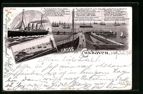 Lithographie Cuxhaven, Hafenpartie, Leuchtturm und Seepavillon