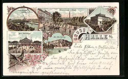 Lithographie Halle a. S., Promenade und Post, Bahnhof