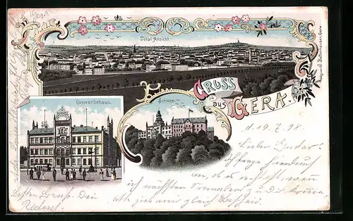 Lithographie Gera, Totalansicht, Gewerbehaus, Schloss