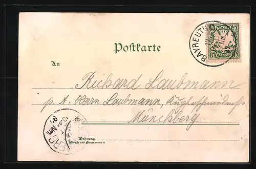 Lithographie Bayreuth, Teilansicht aus der Vogelschau, Richard Wagner, Markt