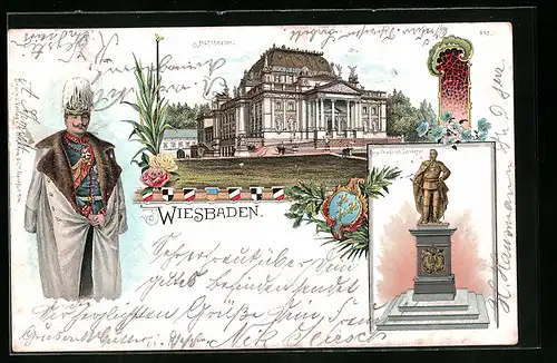 Lithographie Wiesbaden, Hoftheater, Kaiser Friedrich Denkmal