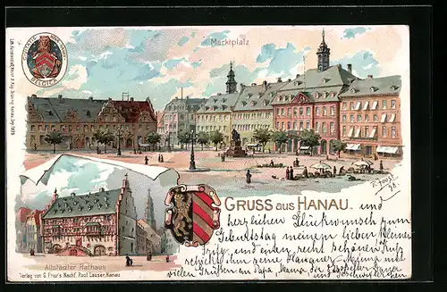 Lithographie Hanau, Marktplatz, Altstädter Rathaus, geprägte Wappen