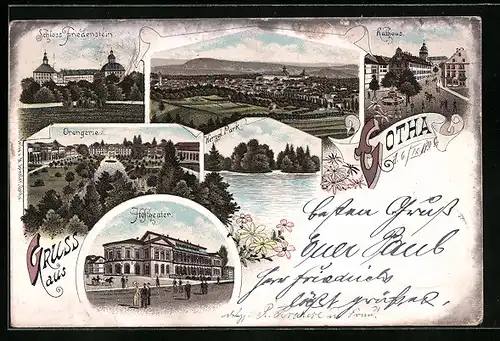 Lithographie Gotha, Gesamtansicht, Orangerie, Hottheater