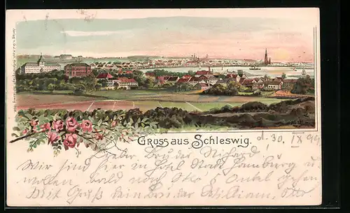 Lithographie Schleswig, Gesamtansicht mit See