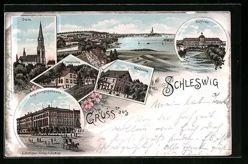 Lithographie Schleswig, Ortsansicht, Dom, Stampfmühle, Waldmühle