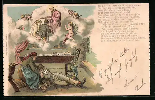 Lithographie Mann starb an Liebeskummer am Sarg der Frau, Brautpaar bei Gott mit Englein