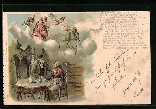 Lithographie Älteres Paar am Tisch und Bei Petrus mit Englein