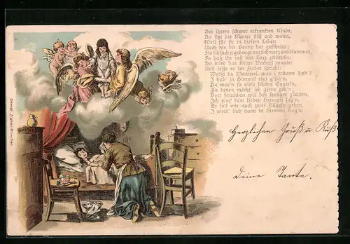 Lithographie Mutter am Sterbebett ihrer Tochter, Engel sind mit dem Kind schon aufgestiegen