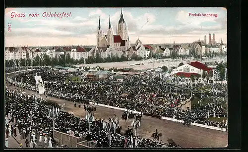 AK München, Preisfahnenzug beim Oktoberfest aus der Vogelschau