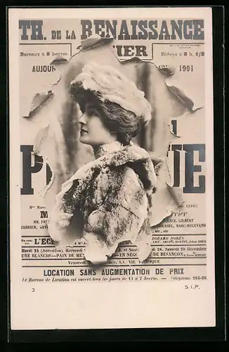 AK ZeitungTh. de la Renaissance, Frau im Pelzmantel