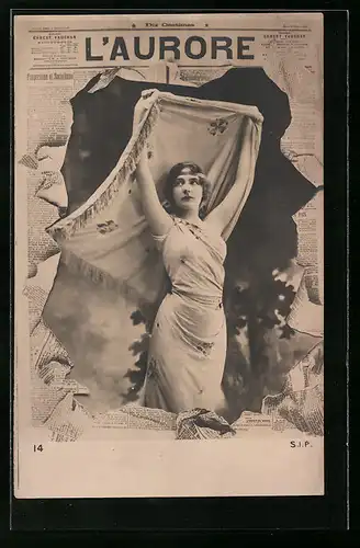 AK Zeitung L`Aurore, Dame posiert mit Tuch