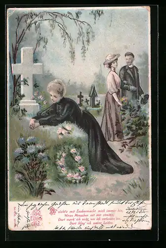 AK Dame trauert am Elterngrab