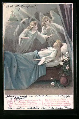 AK Frau auf Sterbebett mit 2 Engeln