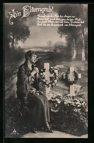 AK Frau am Elterngrab mit Blumen