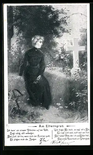 AK Dame mit Blume in der Hand am Elterngrab
