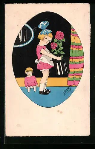 AK Kleines Mädchen mit Rosen in einem Hut und einer Puppe