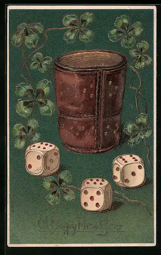 Präge-AK Würfelbecher und Würfel, Neujahrsgruss