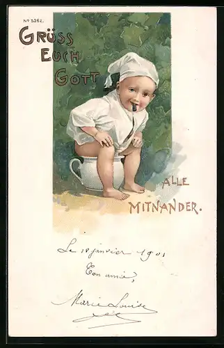 Lithographie Kleinkind mit Zipfelmütze auf dem Töpfchen