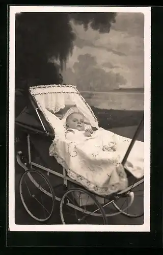 Foto-AK Baby im Kinderwagen vor Landschaftskulisse