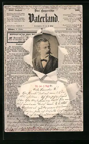 AK Dr. jur. J. Sigl auf zerrissener Titelseite der Zeitung Das Bayerische Vaterland