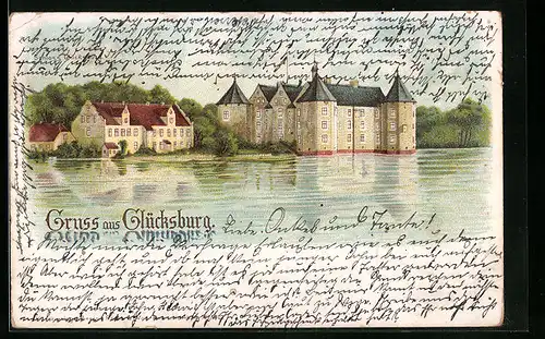 Lithographie Glücksburg /Ostsee, Schloss vom Wasser gesehen