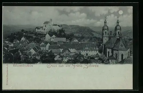 Mondschein-AK Gössweinstein /Fränk. Schweiz, Teilansicht mit Kirche