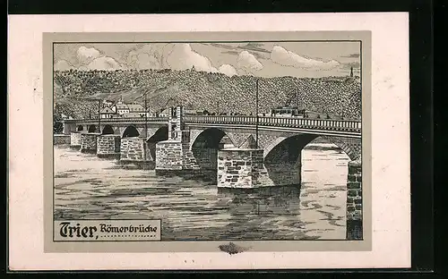 Künstler-AK Trier, Römerbrücke mit Strassenbahn