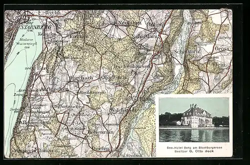 AK Berg am Starnbergersee, See-Hotel, Landkarte mit Bachhausen, Schäftlarn und Höhenrain