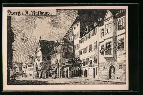 Künstler-AK Isny i. A., Rathaus mit Gasthaus und Geschäft