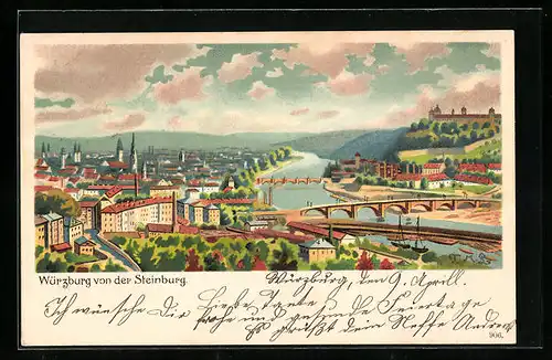 Lithographie Würzburg, Blick von der Steinburg