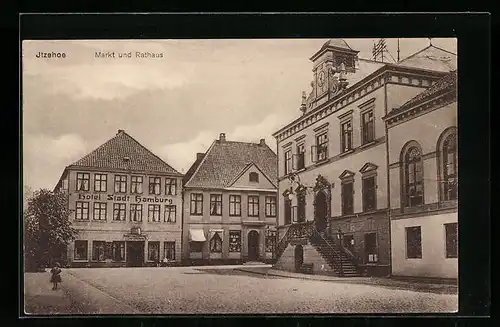 AK Itzehoe, Markt mit Rathaus, Hotel Stadt Hamburg