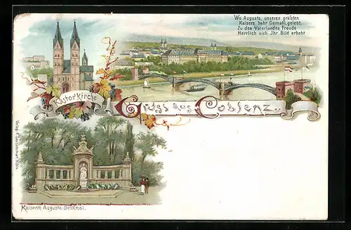 Lithographie Coblenz, Kastor Kirche, Kaiserin Augusta-Denkmal